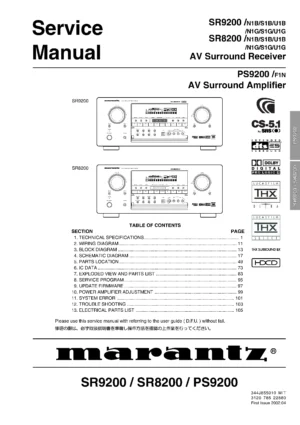 Marantz sr8200 sr9200 ps9200 service manual cover with a photograph of this device, model type and code, manual contents and modification notice.