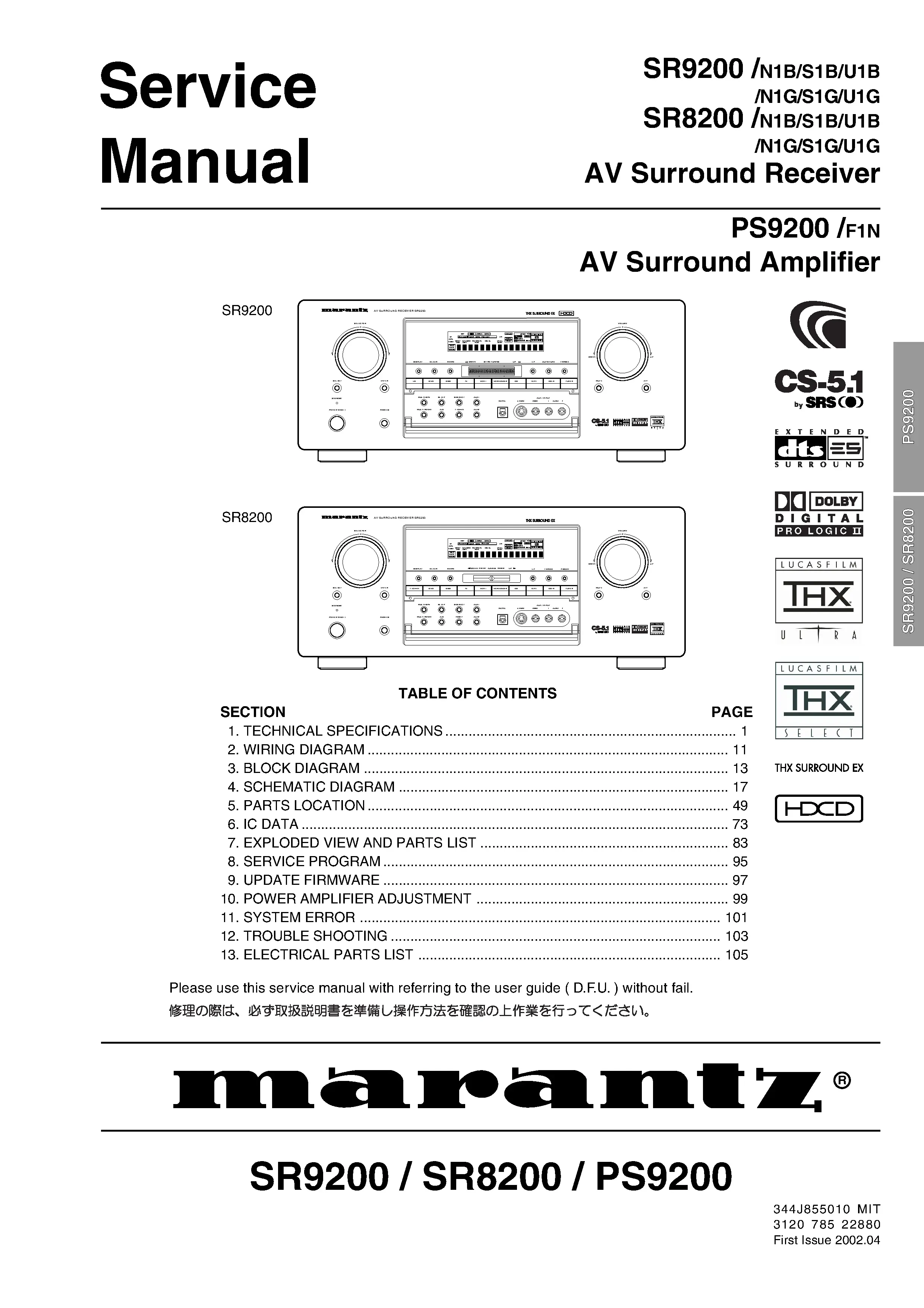 Marantz sr8200 sr9200 ps9200 service manual cover with a photograph of this device, model type and code, manual contents and modification notice.