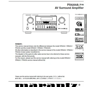 Marantz sr8300 sr9300 ps9200a service manual cover with a photograph of this device, model type and code, manual contents and modification notice.