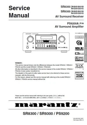 Marantz sr8300 sr9300 ps9200a service manual cover with a photograph of this device, model type and code, manual contents and modification notice.
