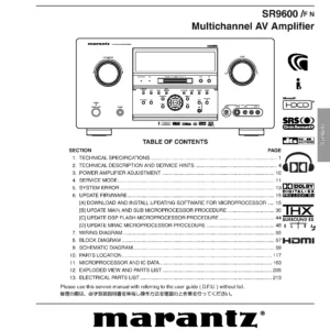 Marantz sr9600 sr9600a sr9600xm service manual cover with a photograph of this device, model type and code, manual contents and modification notice.