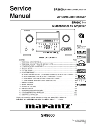 Marantz sr9600 sr9600a sr9600xm service manual cover with a photograph of this device, model type and code, manual contents and modification notice.