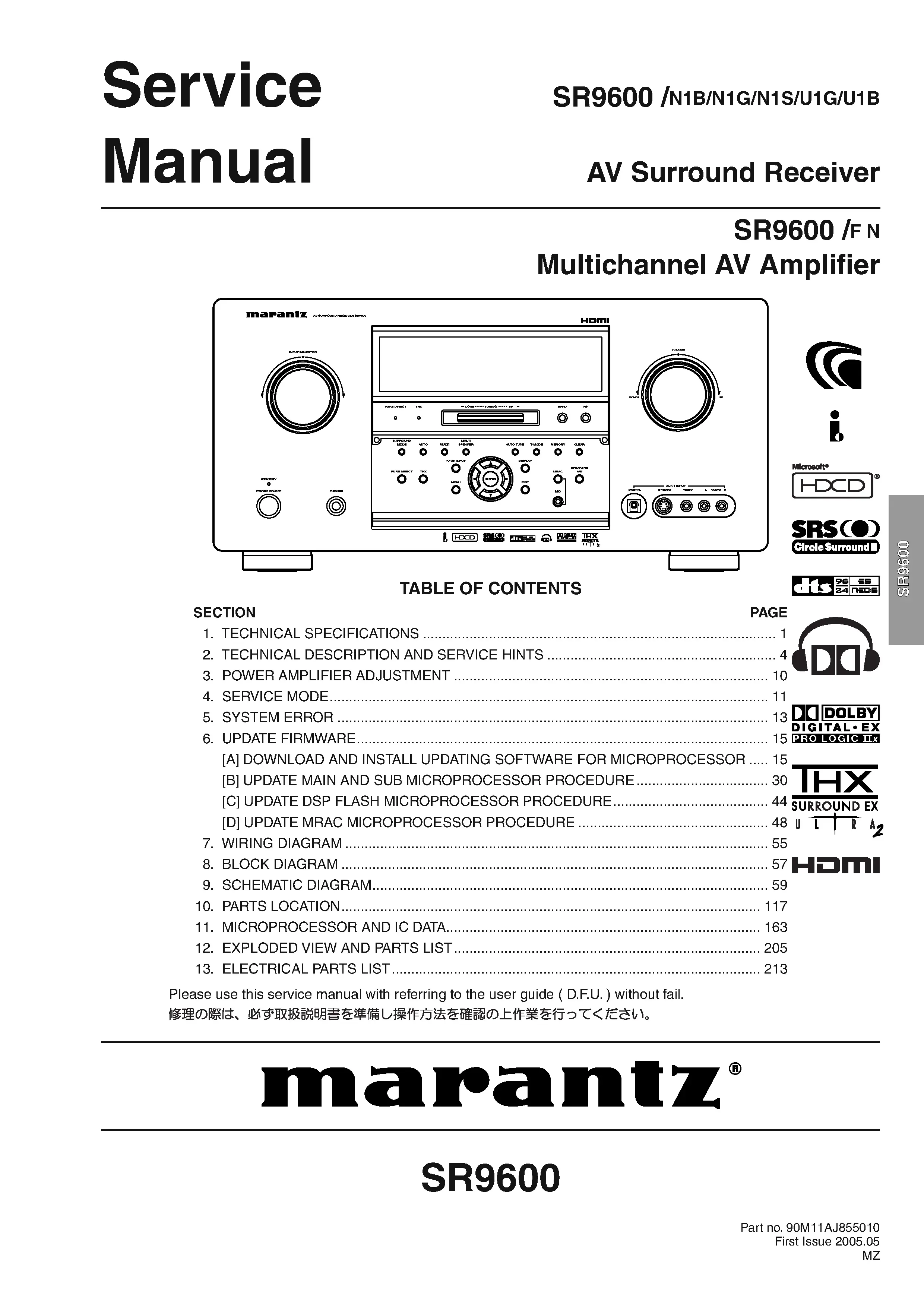Marantz sr9600 sr9600a sr9600xm service manual cover with a photograph of this device, model type and code, manual contents and modification notice.