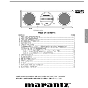 Marantz zc4001 service manual cover with a photograph of this device, model type and code, manual contents and modification notice.