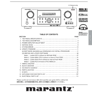 Marantz zr6001 service manual cover with a photograph of this device, model type and code, manual contents and modification notice.