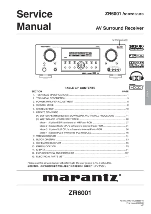 Marantz zr6001 service manual cover with a photograph of this device, model type and code, manual contents and modification notice.