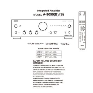 Onkyo a 9050 service manual cover with an image of the device and its remote control, model type and code, manual issue date and service safety precaution notice