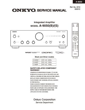 Onkyo a 9050 service manual cover with an image of the device and its remote control, model type and code, manual issue date and service safety precaution notice