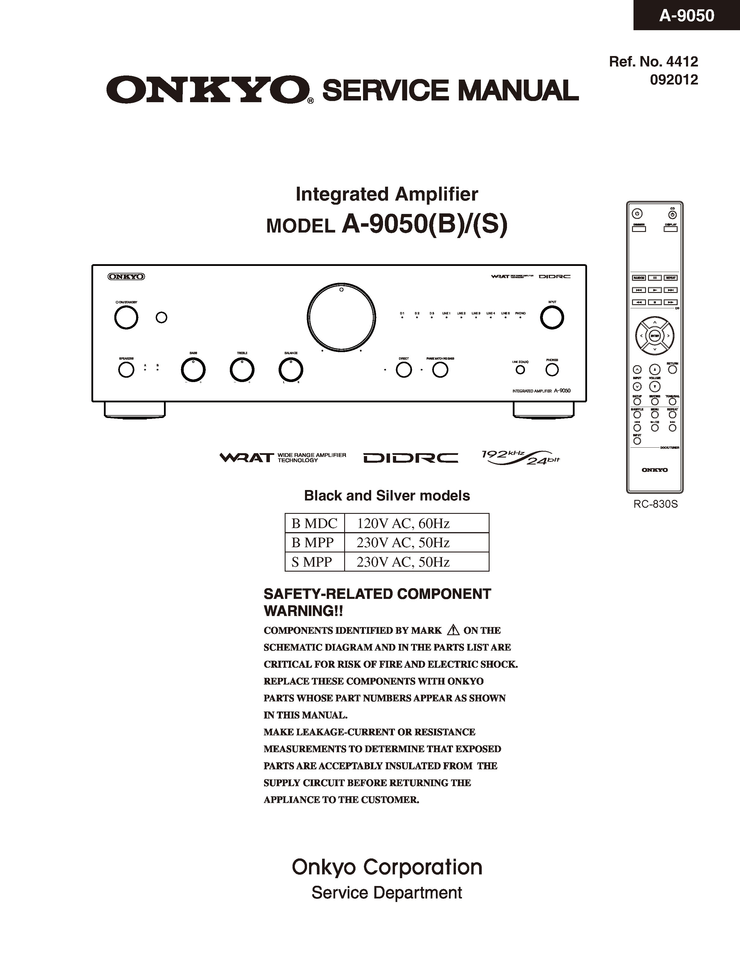 Onkyo a 9050 service manual cover with an image of the device and its remote control, model type and code, manual issue date and service safety precaution notice