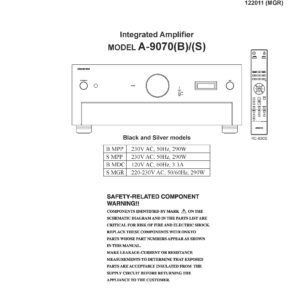 Onkyo a 9070 service manual cover with an image of the device and its remote control, model type and code, manual issue date and service safety precaution notice