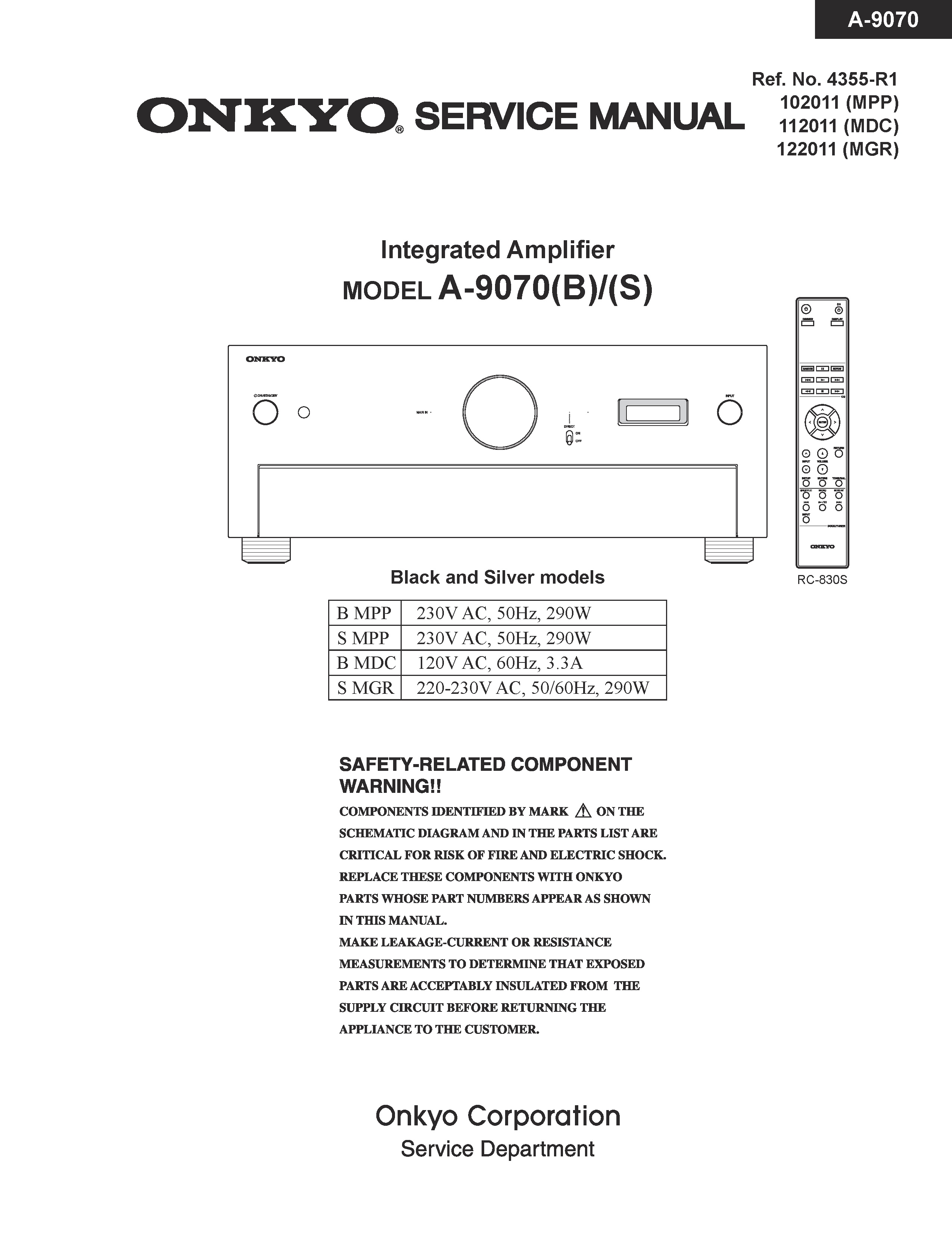 Onkyo a 9070 service manual cover with an image of the device and its remote control, model type and code, manual issue date and service safety precaution notice