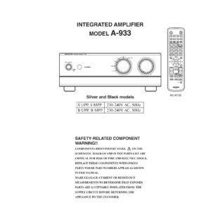 Onkyo a 933 service manual cover with an image of the device and its remote control, model type and code, manual issue date and service safety precaution notice