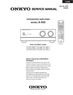 Onkyo a 933 service manual cover with an image of the device and its remote control, model type and code, manual issue date and service safety precaution notice