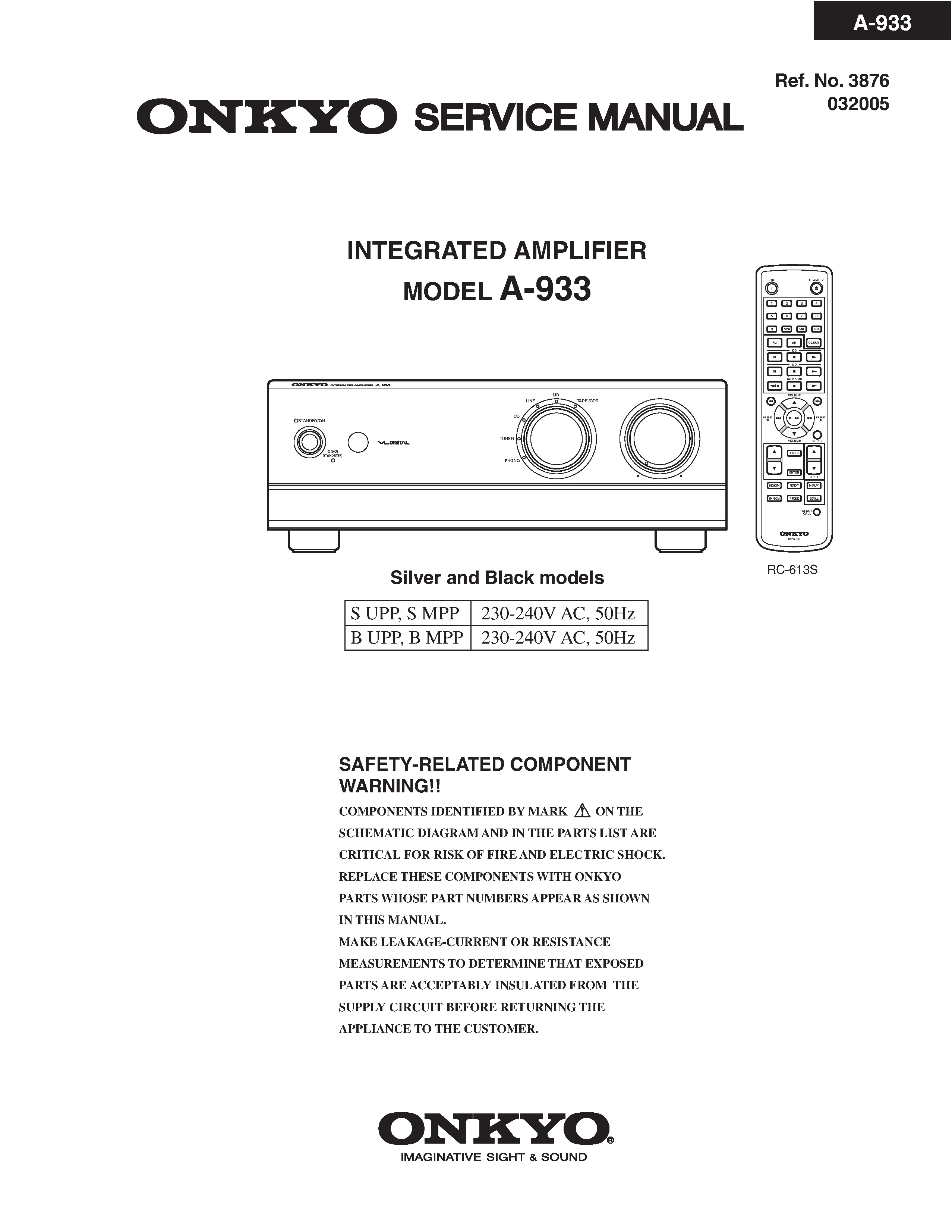 Onkyo a 933 service manual cover with an image of the device and its remote control, model type and code, manual issue date and service safety precaution notice