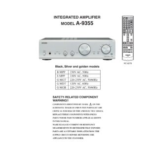 Onkyo a 9355 service manual cover with an image of the device and its remote control, model type and code, manual issue date and service safety precaution notice