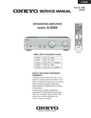 Onkyo a 9355 service manual cover with an image of the device and its remote control, model type and code, manual issue date and service safety precaution notice