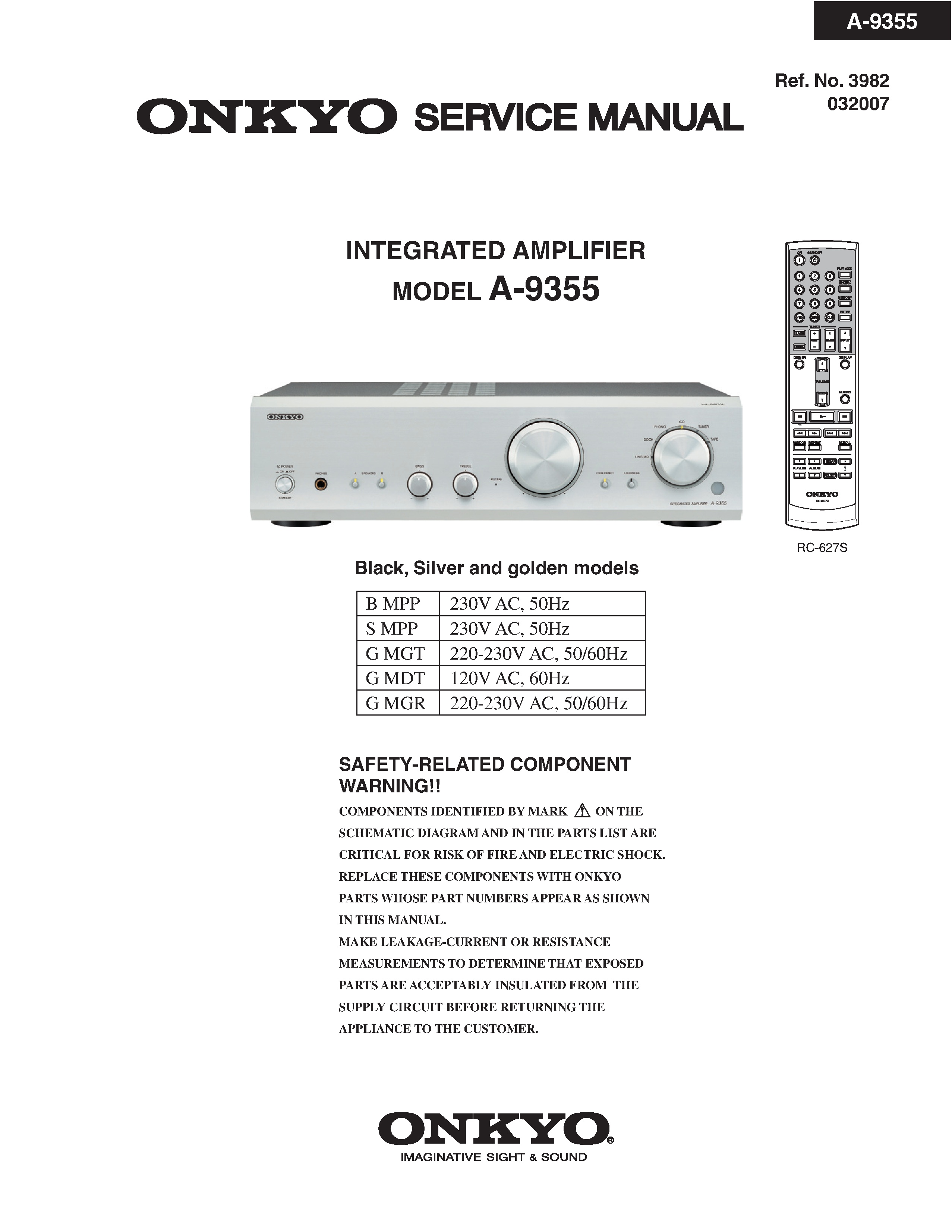 Onkyo a 9355 service manual cover with an image of the device and its remote control, model type and code, manual issue date and service safety precaution notice