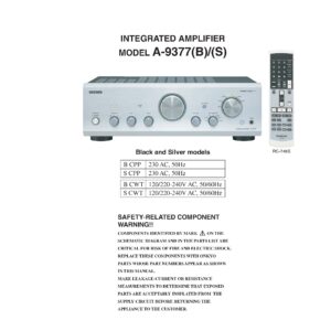 Onkyo a 9377 service manual cover with an image of the device and its remote control, model type and code, manual issue date and service safety precaution notice