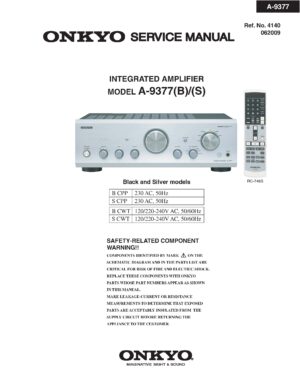 Onkyo a 9377 service manual cover with an image of the device and its remote control, model type and code, manual issue date and service safety precaution notice