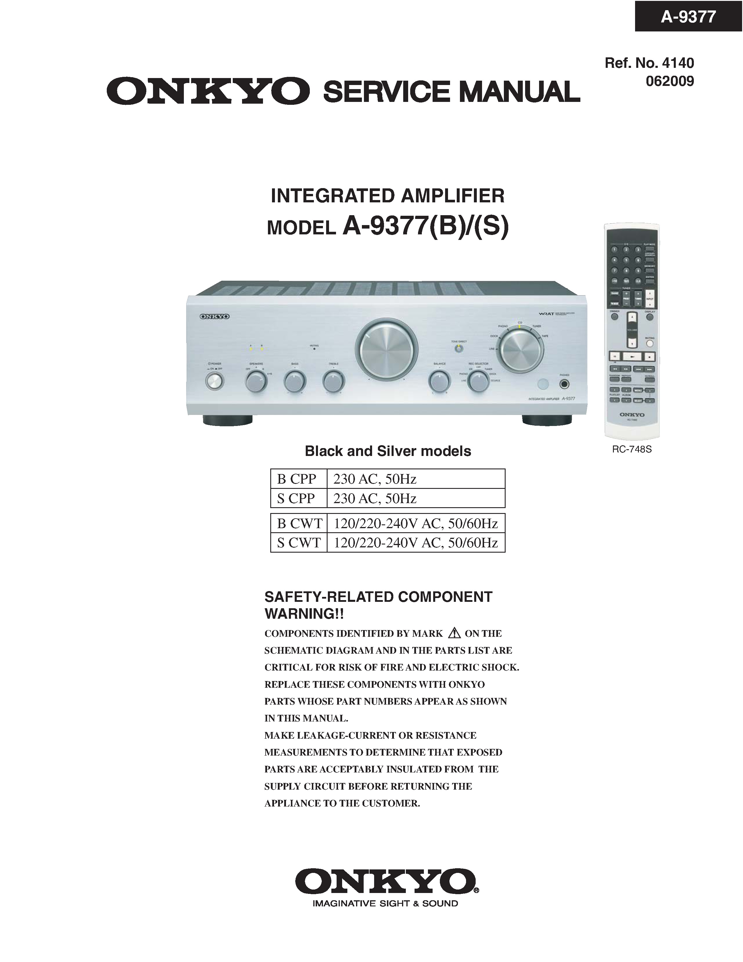 Onkyo a 9377 service manual cover with an image of the device and its remote control, model type and code, manual issue date and service safety precaution notice