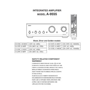 Onkyo a 9555 service manual cover with an image of the device and its remote control, model type and code, manual issue date and service safety precaution notice