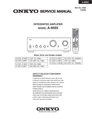 Onkyo a 9555 service manual cover with an image of the device and its remote control, model type and code, manual issue date and service safety precaution notice