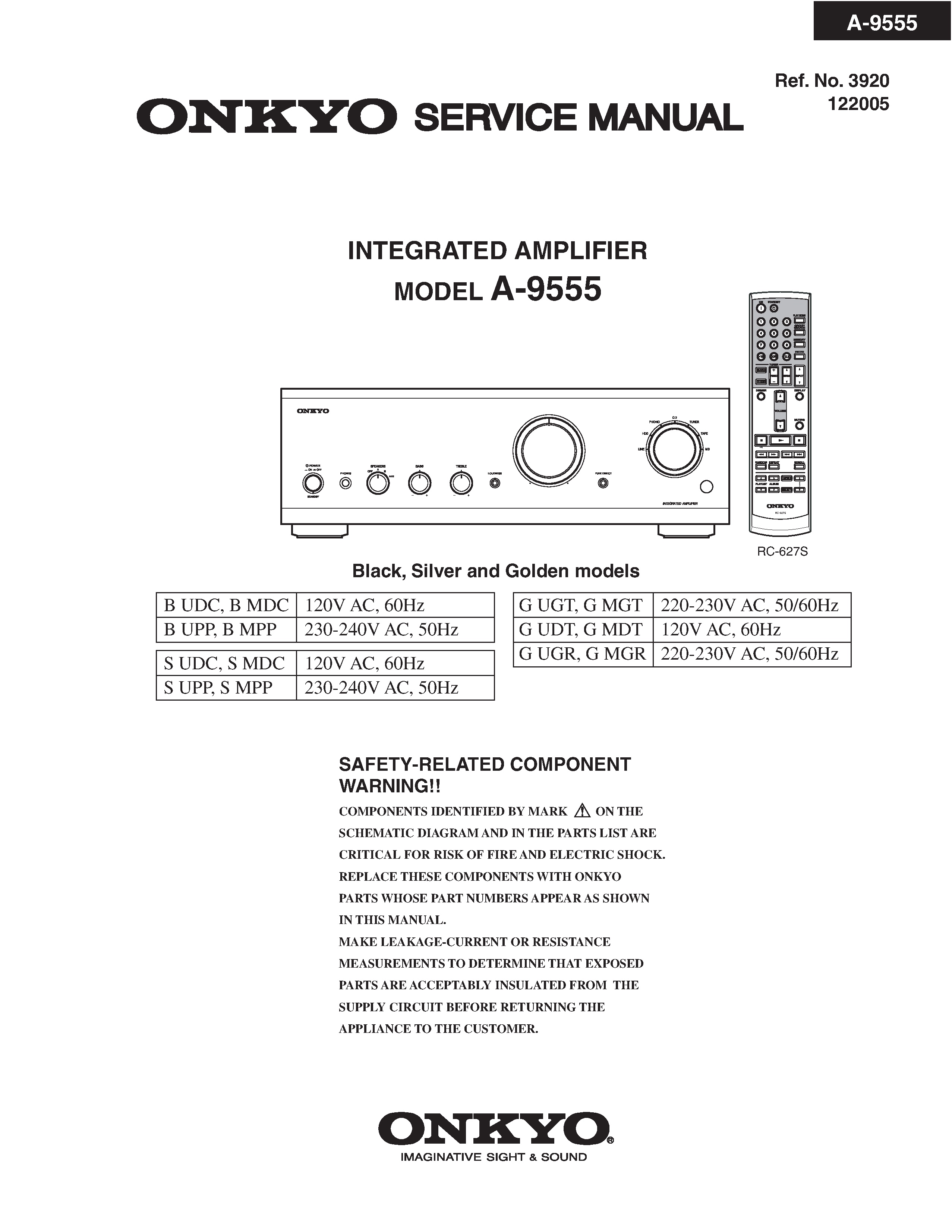 Onkyo a 9555 service manual cover with an image of the device and its remote control, model type and code, manual issue date and service safety precaution notice