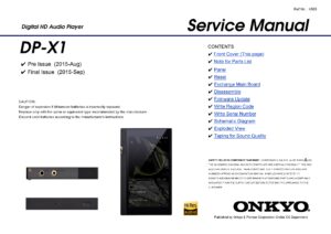 Onkyo dp x1 service manual cover with an image of the device and its remote control, model type and code, manual issue date and service safety precaution notice