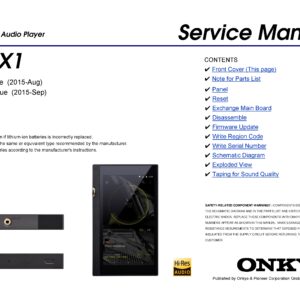 Onkyo dp x1 service manual cover with an image of the device and its remote control, model type and code, manual issue date and service safety precaution notice