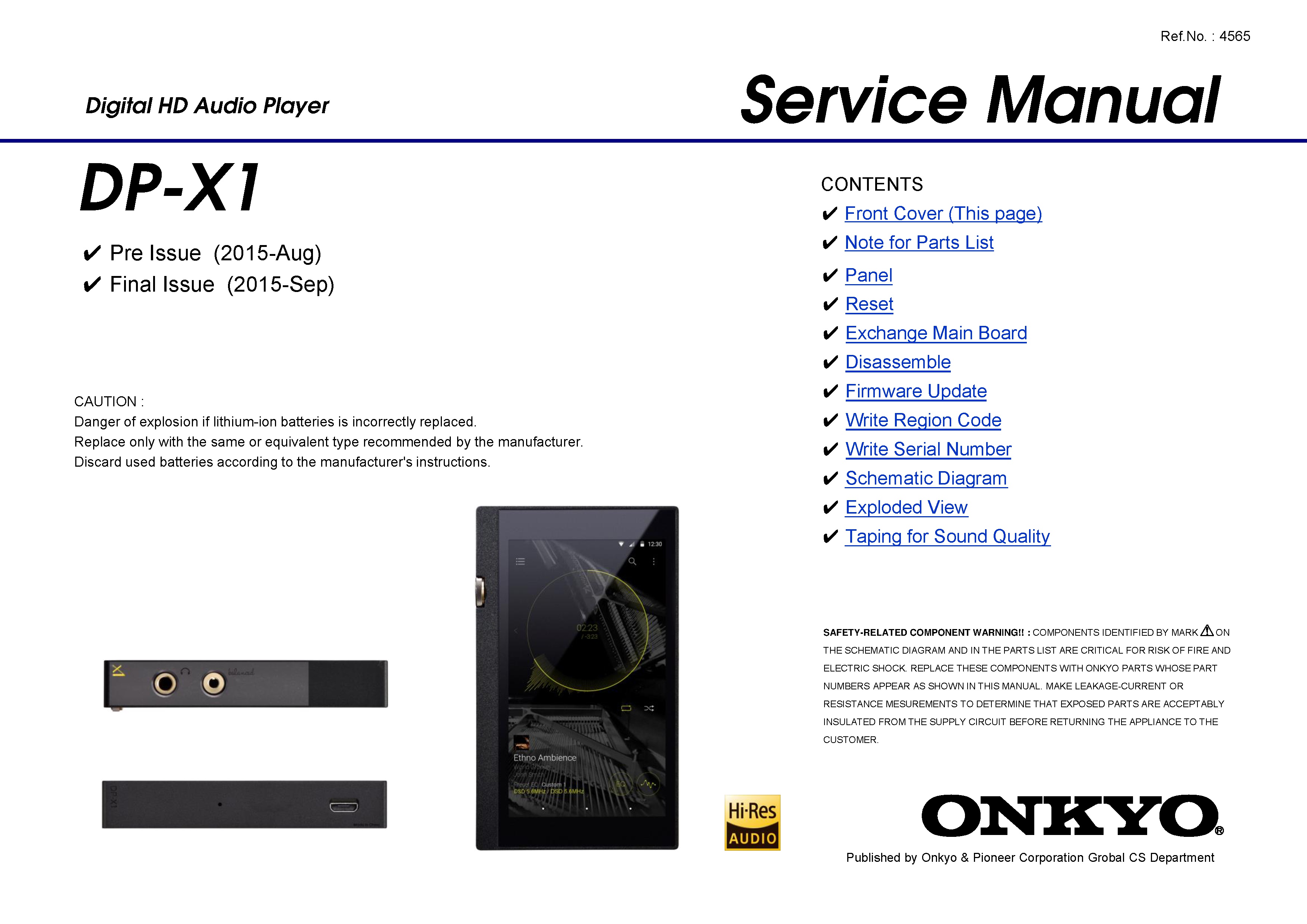 Onkyo dp x1 service manual cover with an image of the device and its remote control, model type and code, manual issue date and service safety precaution notice