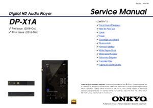 Onkyo dp x1a service manual cover with an image of the device and its remote control, model type and code, manual issue date and service safety precaution notice