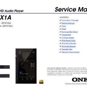 Onkyo dp x1a service manual cover with an image of the device and its remote control, model type and code, manual issue date and service safety precaution notice