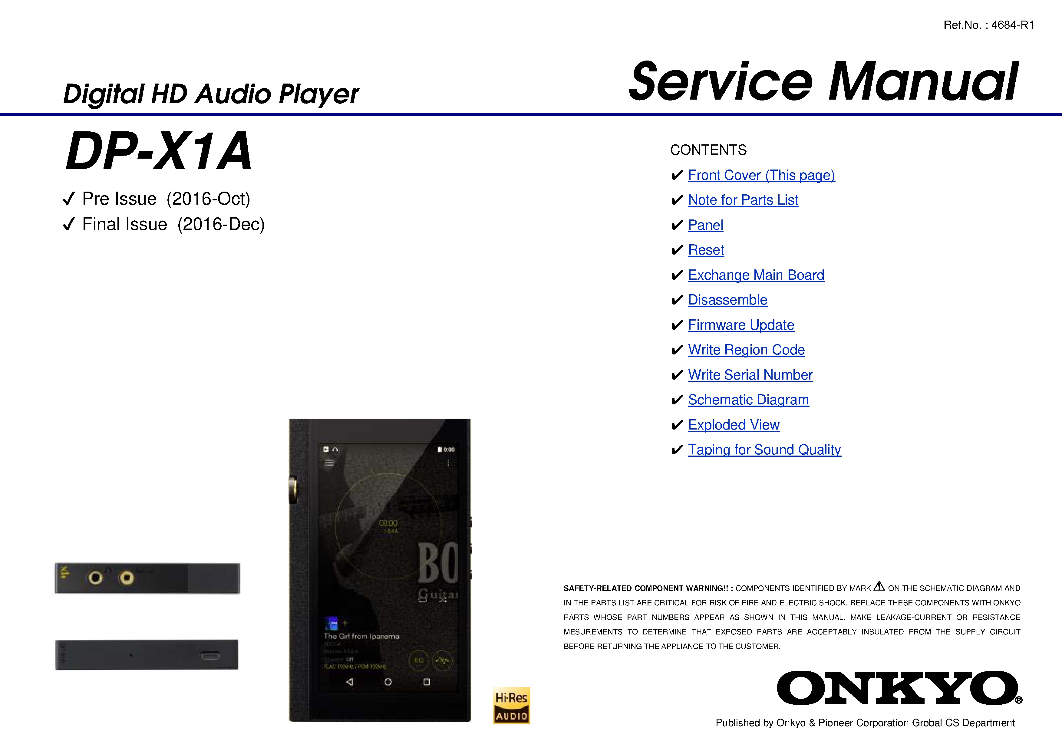 Onkyo dp x1a service manual cover with an image of the device and its remote control, model type and code, manual issue date and service safety precaution notice