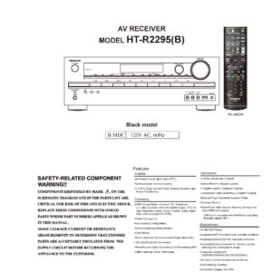 Onkyo ht r2295 service manual cover with an image of the device and its remote control, model type and code, manual issue date and service safety precaution notice