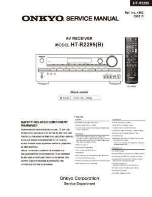 Onkyo ht r2295 service manual cover with an image of the device and its remote control, model type and code, manual issue date and service safety precaution notice