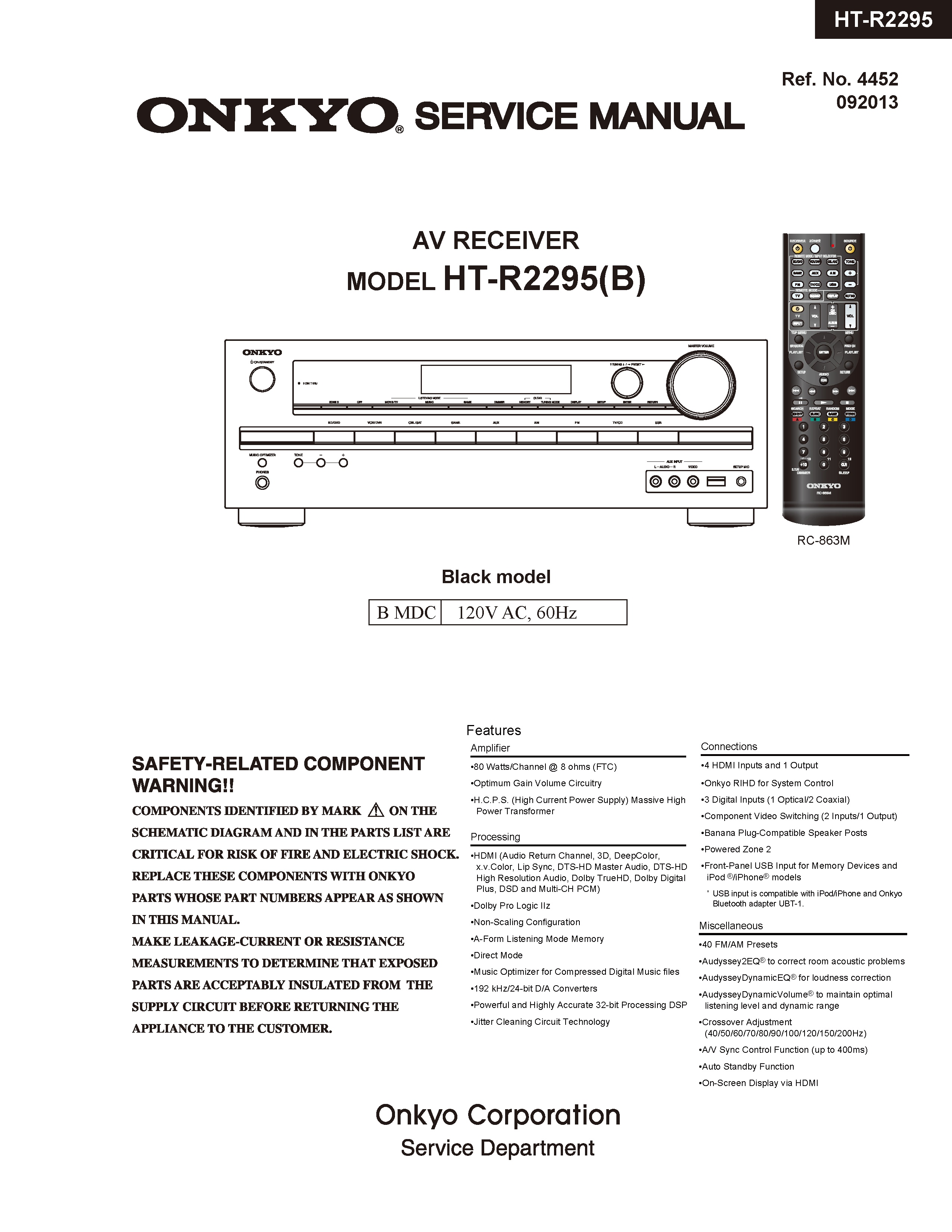Onkyo ht r2295 service manual cover with an image of the device and its remote control, model type and code, manual issue date and service safety precaution notice