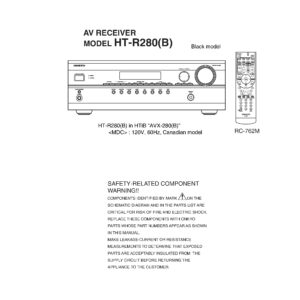 Onkyo ht r280 service manual cover with an image of the device and its remote control, model type and code, manual issue date and service safety precaution notice