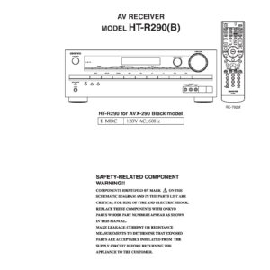 Onkyo ht r290 service manual cover with an image of the device and its remote control, model type and code, manual issue date and service safety precaution notice