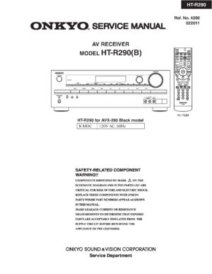 Onkyo ht r290 service manual cover with an image of the device and its remote control, model type and code, manual issue date and service safety precaution notice