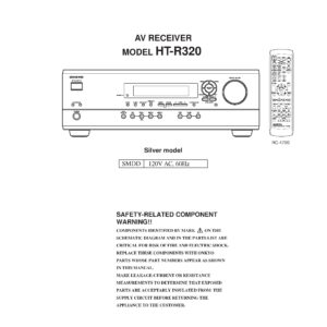 Onkyo ht r320 service manual cover with an image of the device and its remote control, model type and code, manual issue date and service safety precaution notice