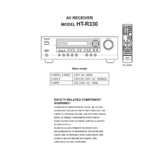 Onkyo ht r330 service manual cover with an image of the device and its remote control, model type and code, manual issue date and service safety precaution notice