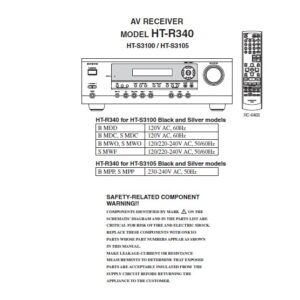 Onkyo ht r340 s3100 s3105 service manual cover with an image of the device and its remote control, model type and code, manual issue date and service safety precaution notice