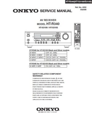 Onkyo ht r340 s3100 s3105 service manual cover with an image of the device and its remote control, model type and code, manual issue date and service safety precaution notice