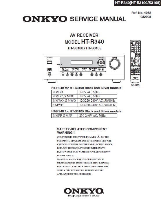 Onkyo ht r340 s3100 s3105 service manual cover with an image of the device and its remote control, model type and code, manual issue date and service safety precaution notice