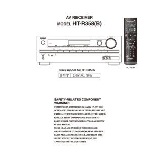 Onkyo ht r358 service manual cover with an image of the device and its remote control, model type and code, manual issue date and service safety precaution notice