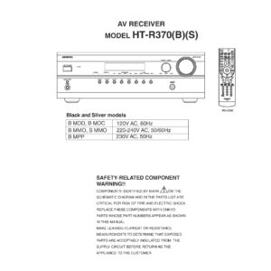 Onkyo ht r370 service manual cover with an image of the device and its remote control, model type and code, manual issue date and service safety precaution notice