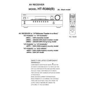 Onkyo ht r380 service manual cover with an image of the device and its remote control, model type and code, manual issue date and service safety precaution notice