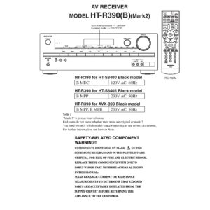 Onkyo ht r390 mark 2 service manual cover with an image of the device and its remote control, model type and code, manual issue date and service safety precaution notice