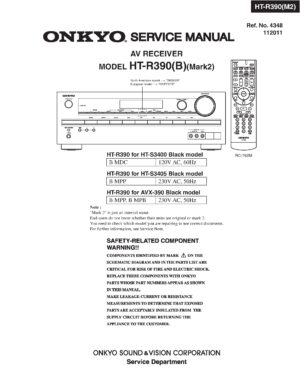 Onkyo ht r390 mark 2 service manual cover with an image of the device and its remote control, model type and code, manual issue date and service safety precaution notice