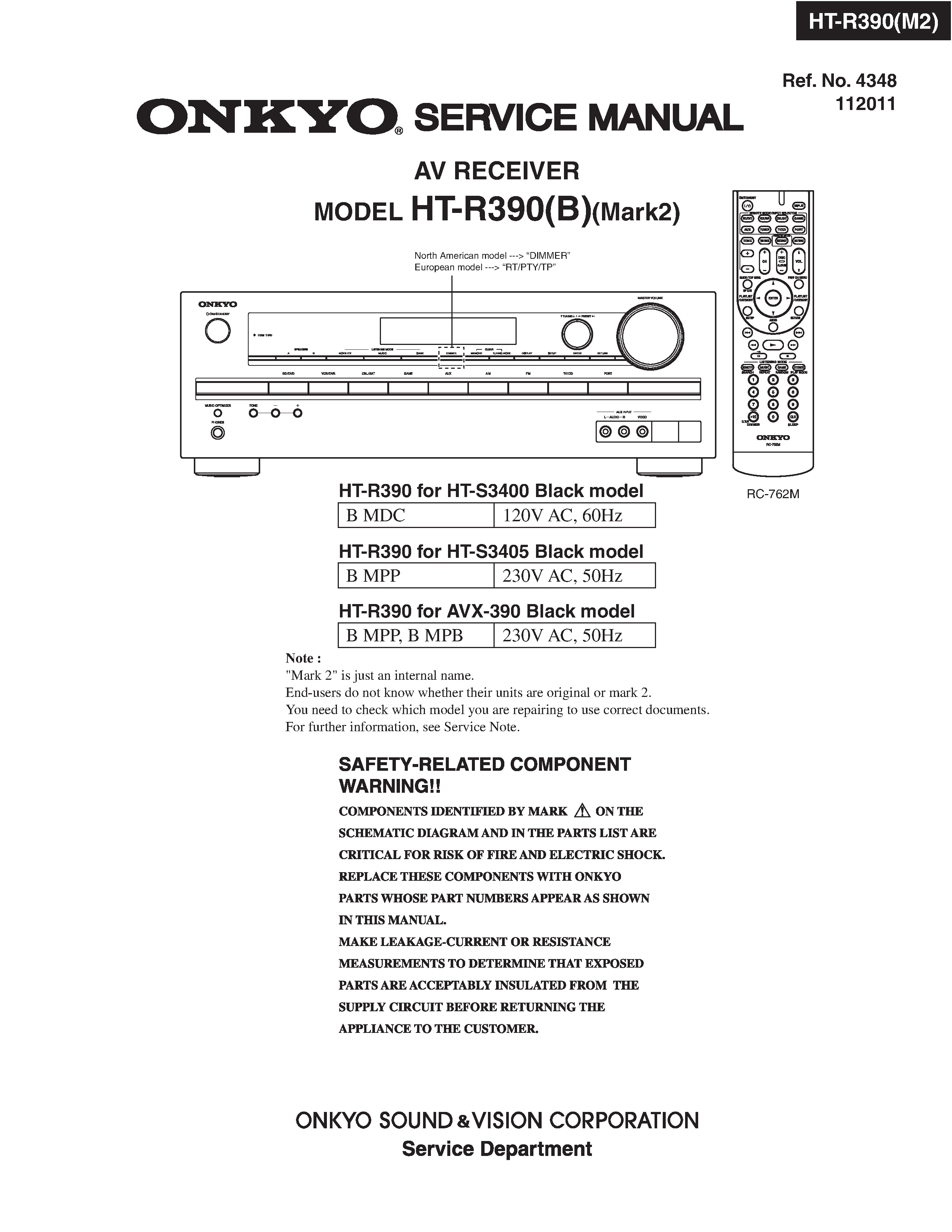 Onkyo ht r390 mark 2 service manual cover with an image of the device and its remote control, model type and code, manual issue date and service safety precaution notice